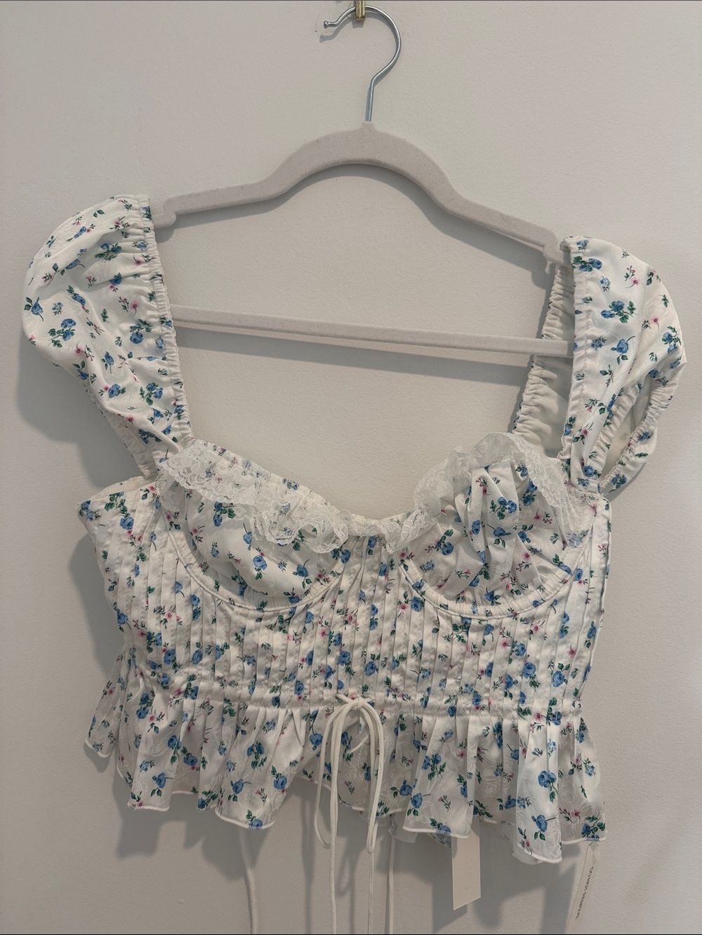 For Love and Lemons: White Floral Lace-Trim Cropped Peplum Top
